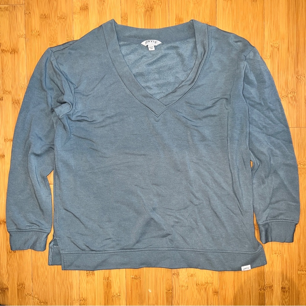 Orvis Sweatshirt Blue Gray Pullover Vneck Long Sleeve, L 24" H 20.75"